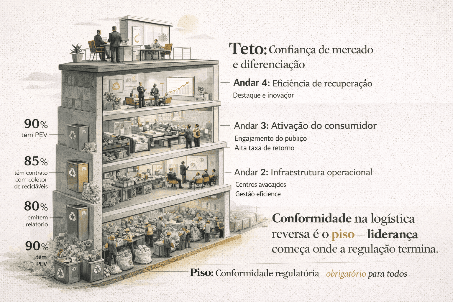 Ilustração editorial mostrando andares da conformidade na logística reversa até a liderança de mercado
