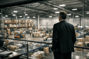 Gestor observando operação logística — conformidade na logística reversa como piso estratégico