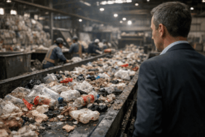 Embalagens plásticas misturadas ao lixo comum em centro de triagem, simbolizando perda de valor e falha na logística reversa.