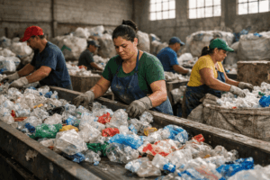Cooperativa de reciclagem triando embalagens [logística reversa de embalagens plásticas]