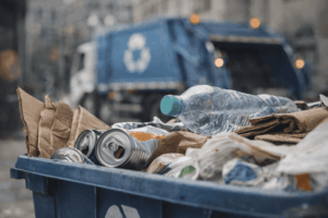 [ROI da Logística Reversa] Recipiente de reciclagem com garrafa plástica, latas e papelão em ambiente urbano, com caminhão de coleta ao fundo