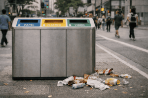 Ponto de entrega voluntária vazio em ambiente corporativo — PEV instalado e fluxo zero na logística reversa