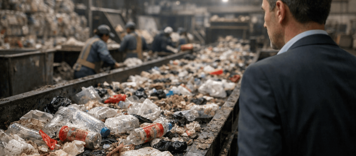 Embalagens plásticas misturadas ao lixo comum em centro de triagem, simbolizando perda de valor e falha na logística reversa.