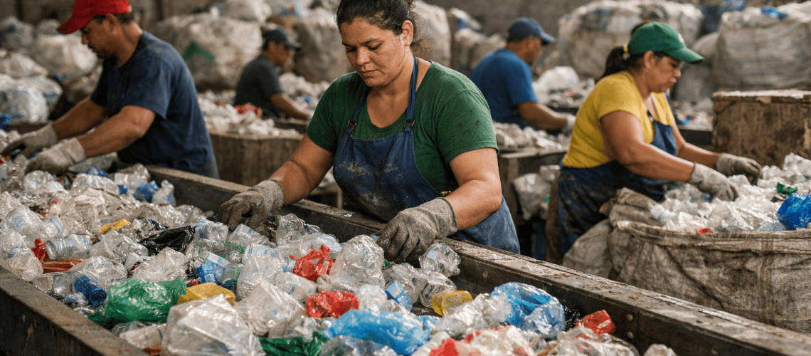 Cooperativa de reciclagem triando embalagens [logística reversa de embalagens plásticas]