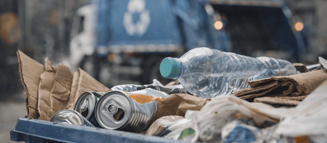 [ROI da Logística Reversa] Recipiente de reciclagem com garrafa plástica, latas e papelão em ambiente urbano, com caminhão de coleta ao fundo