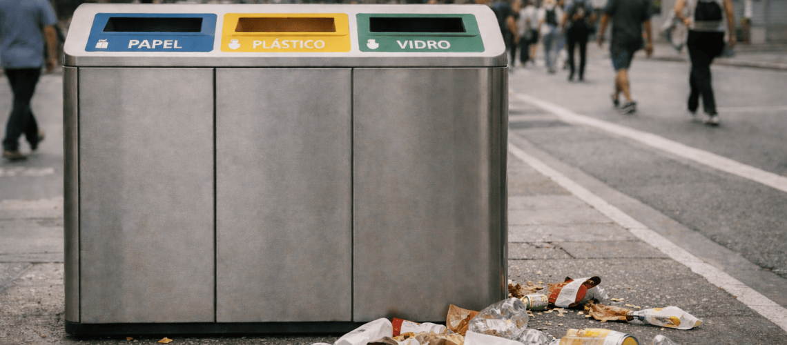 Ponto de entrega voluntária vazio em ambiente corporativo — PEV instalado e fluxo zero na logística reversa